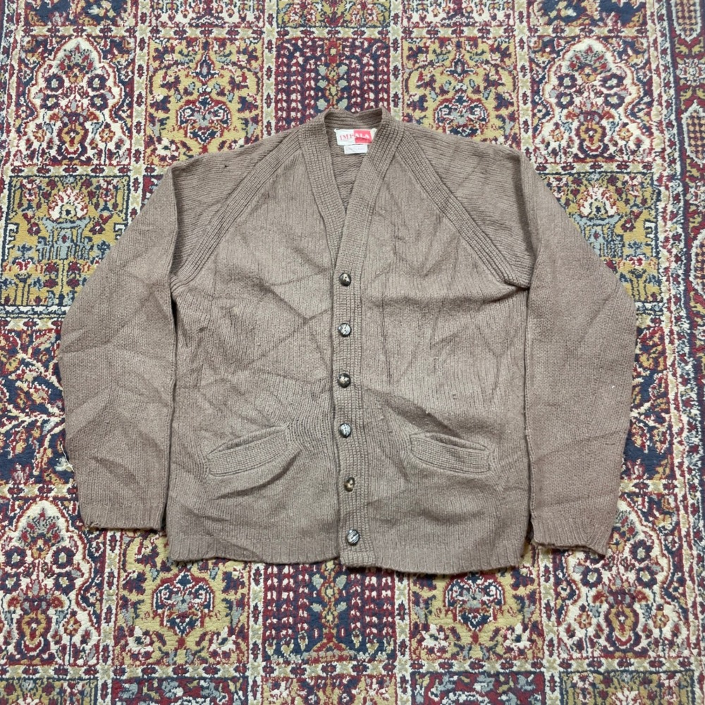 VTG 60s 70s Impala‎ Shetland Wool Cardigan Sweater S-M Brown 2-Ply Knit USA